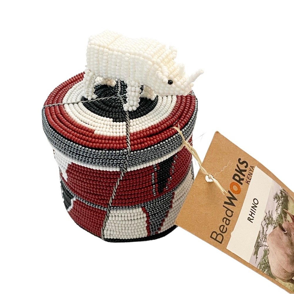 Beadworks Kenya Beaded Rhino‎ Trinket Jar NEW Red Black Grey